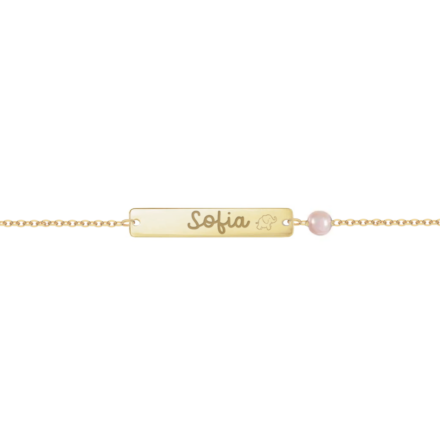 Bracciale per neonata con piastrina e perla in corallo personalizzata in argento placcata in oro giallo 18Kt