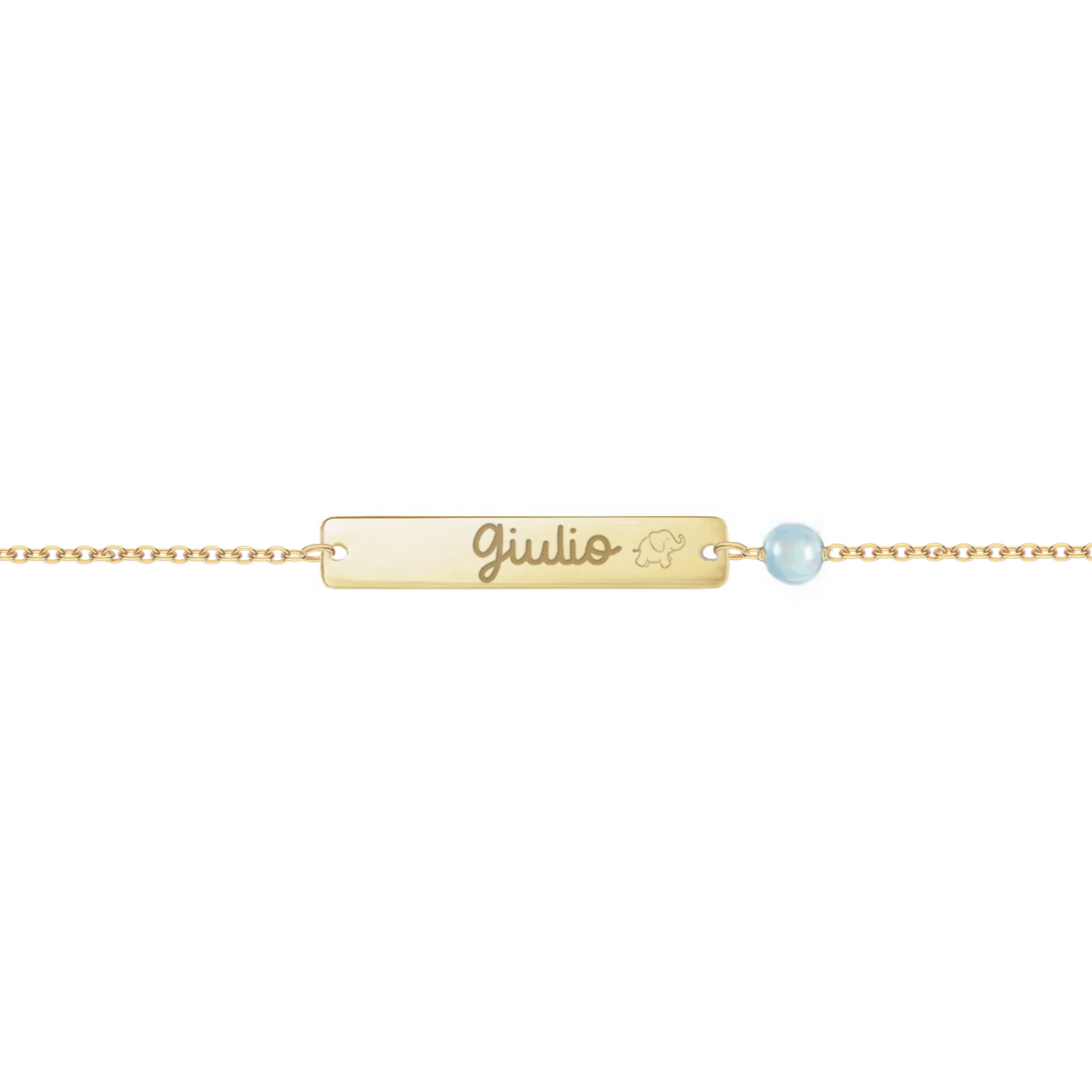 Bracciale per neonato con piastrina e perla in turchese personalizzata in argento placcata in oro giallo 18Kt