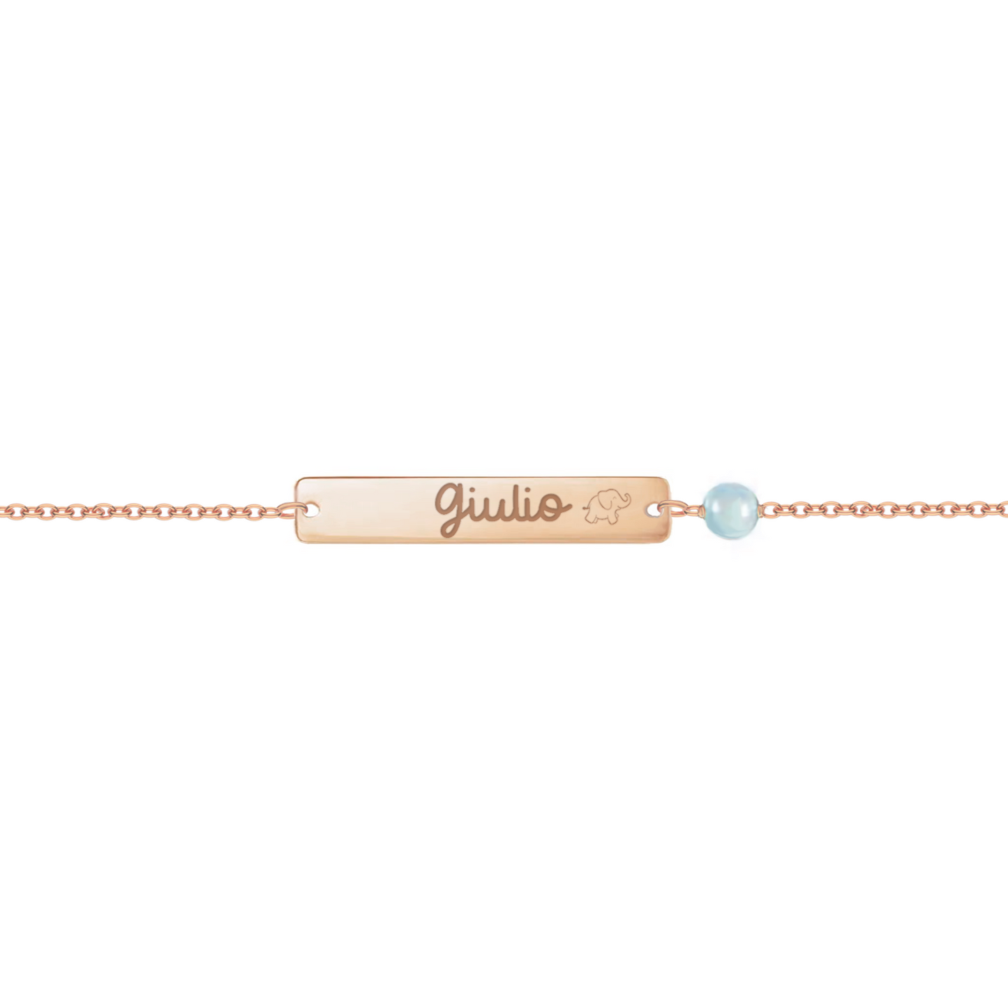 Bracciale per neonato con piastrina e perla in turchese personalizzata in argento placcata in oro rosa 18Kt