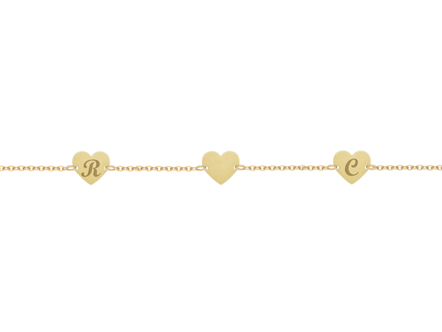 Bracciale con tre piastrine a cuore personalizzate in argento placcata in oro giallo 18Kt