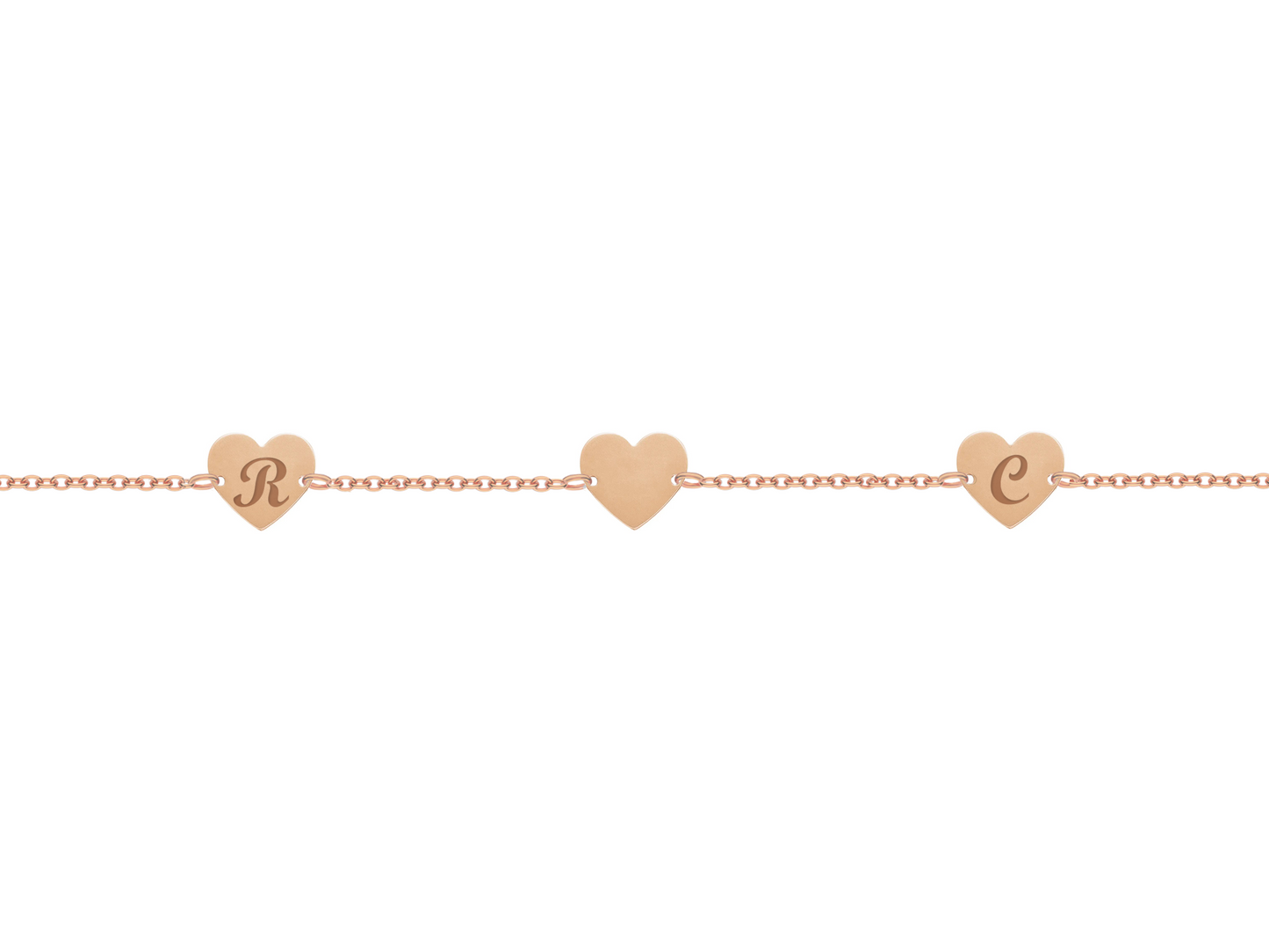 Bracciale con tre piastrine a cuore personalizzate in argento placcata in oro rosa 18Kt