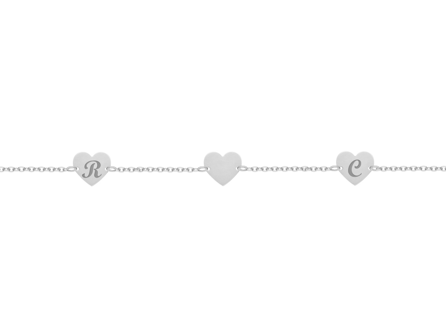 Bracciale con tre piastrine a cuore personalizzate in argento 925‰