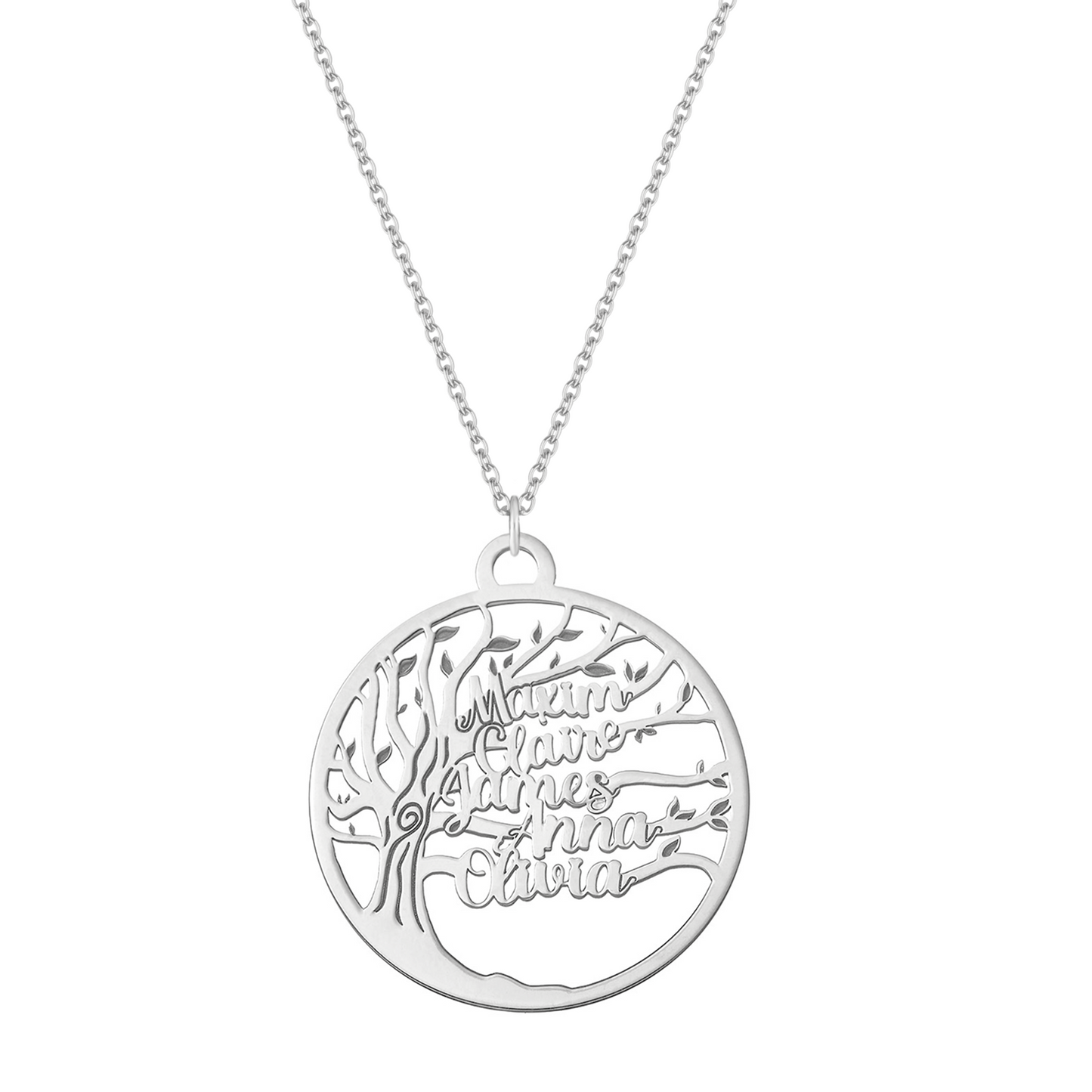 Collana in argento con albero della famiglia con cinque nomi