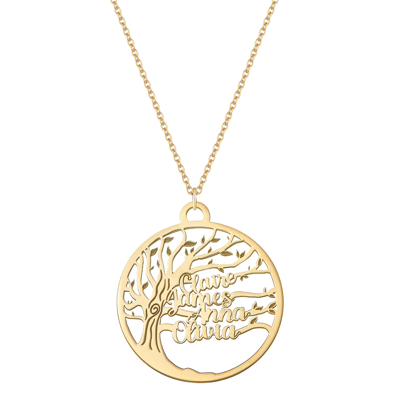 Collana con albero della famiglia con quattro nomi in argento placcato in oro giallo 18 Kt
