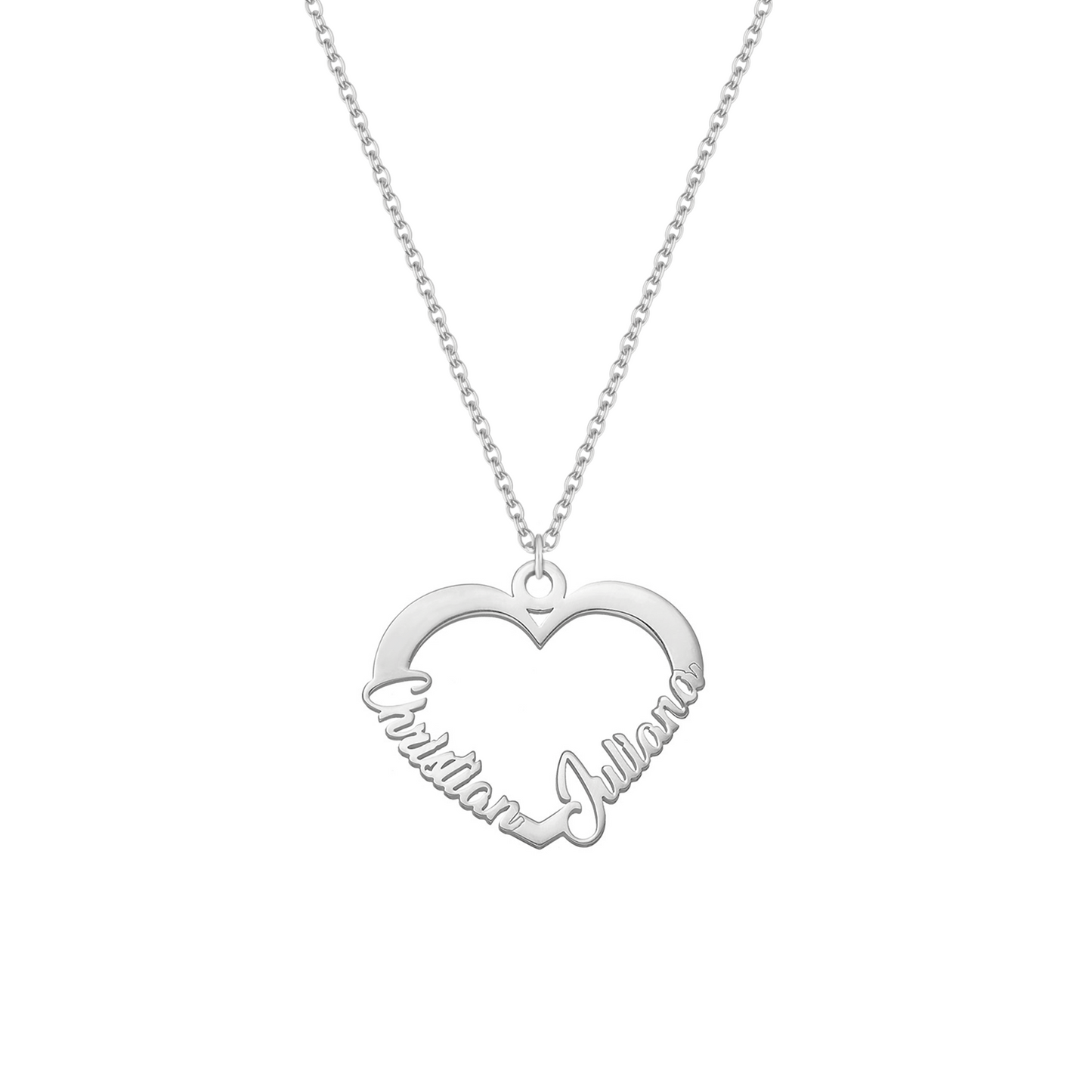 Collana con due nomi su forma cuore in argento personalizzata