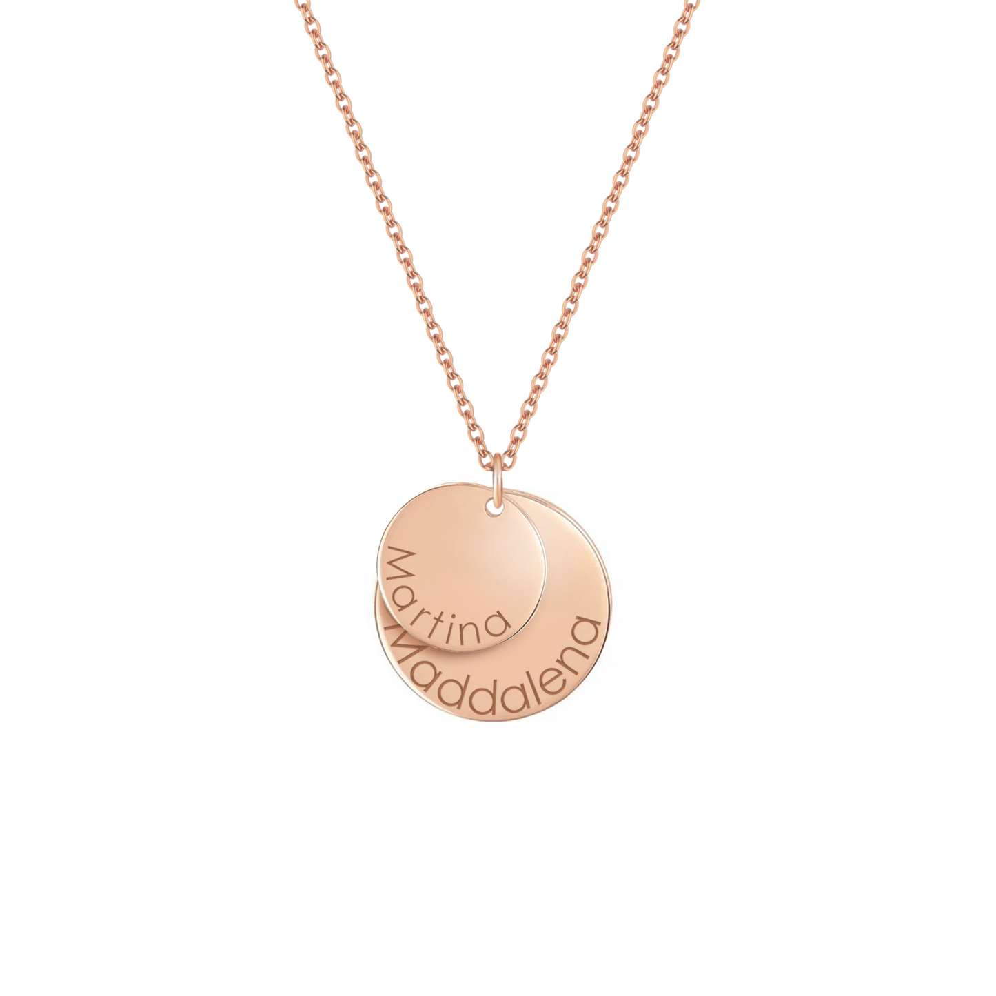 Collana con due piastrine personalizzate rotonde in argento placcato in oro rosa 18Kt