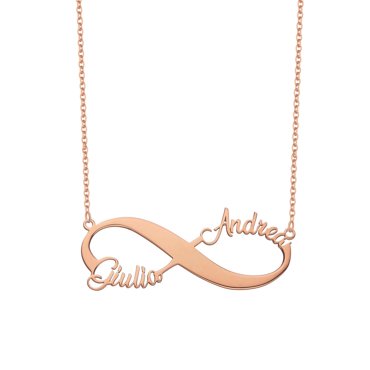 Collana con infinito e due nomi personalizzata in argento placcata in oro rosa 18Kt