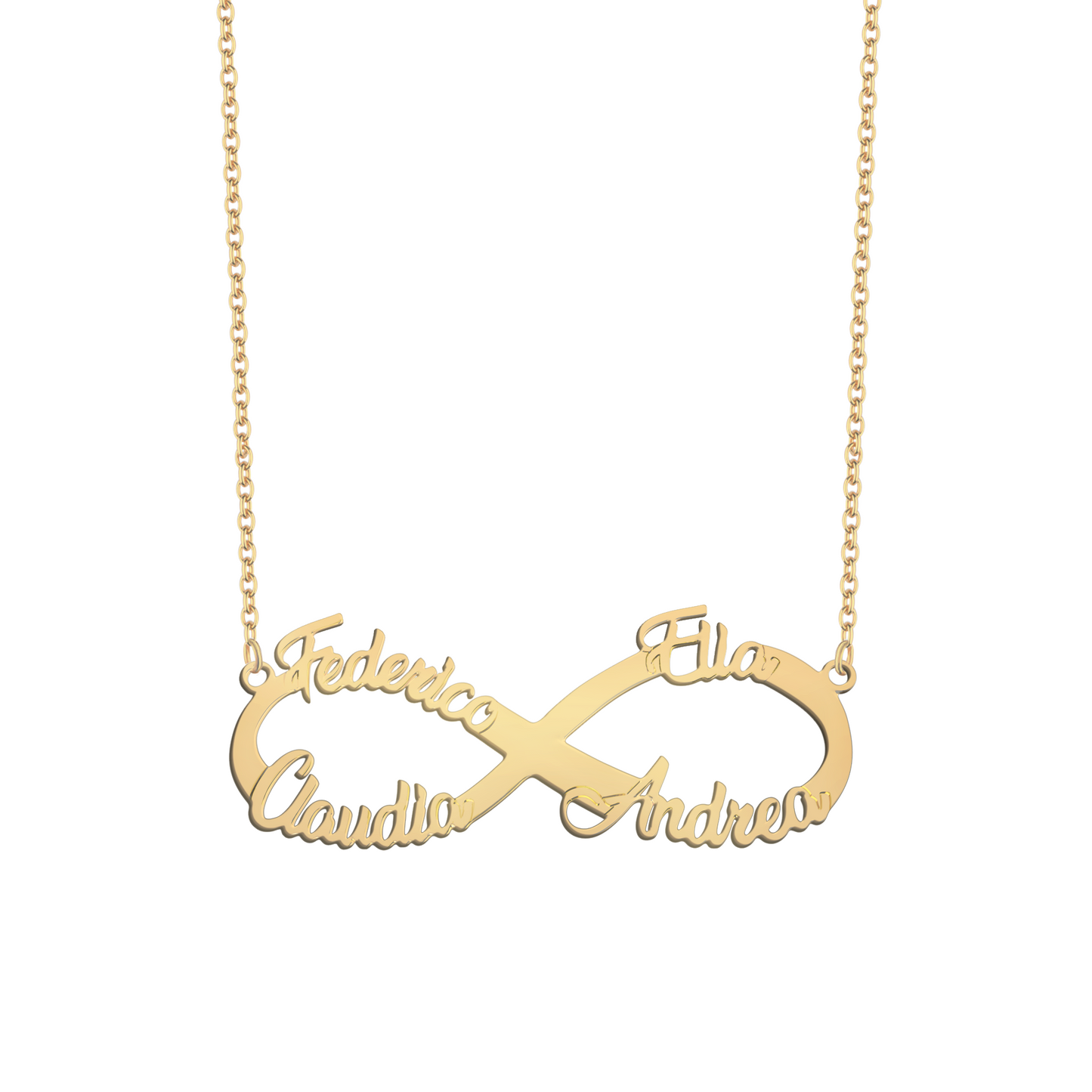 Collana con infinito e quattro nomi in argento placcata in oro giallo 18Kt personalizzata