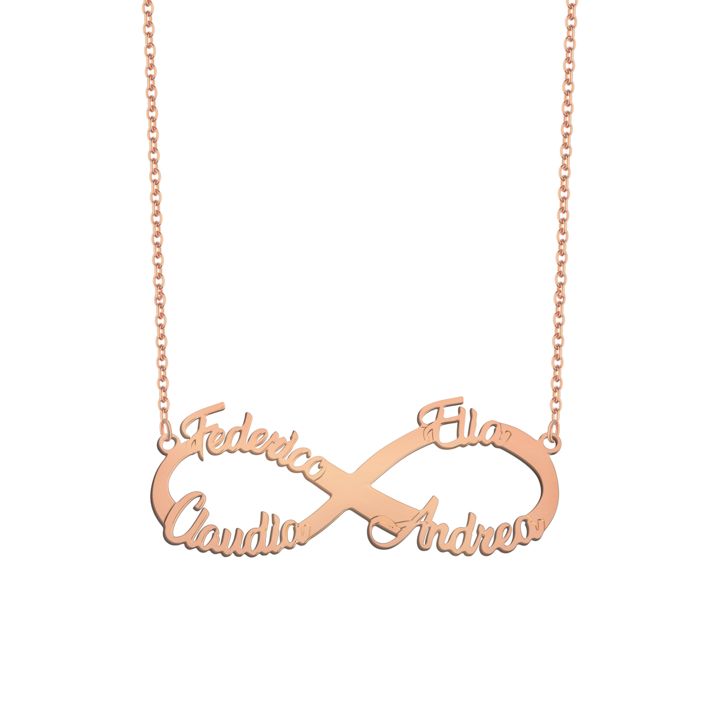 Collana con infinito e quattro nomi in argento placcata in oro rosa 18Kt personalizzata