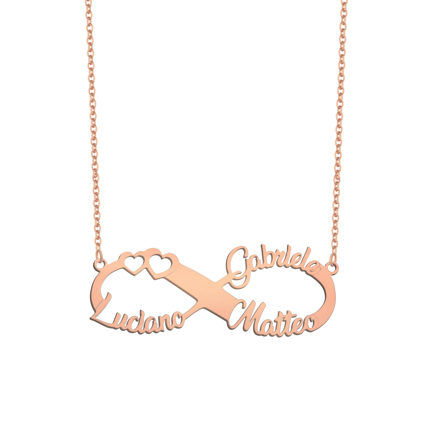Collana con infinito e tre nomi personalizzabili in argento placcato in oro rosa 18Kt