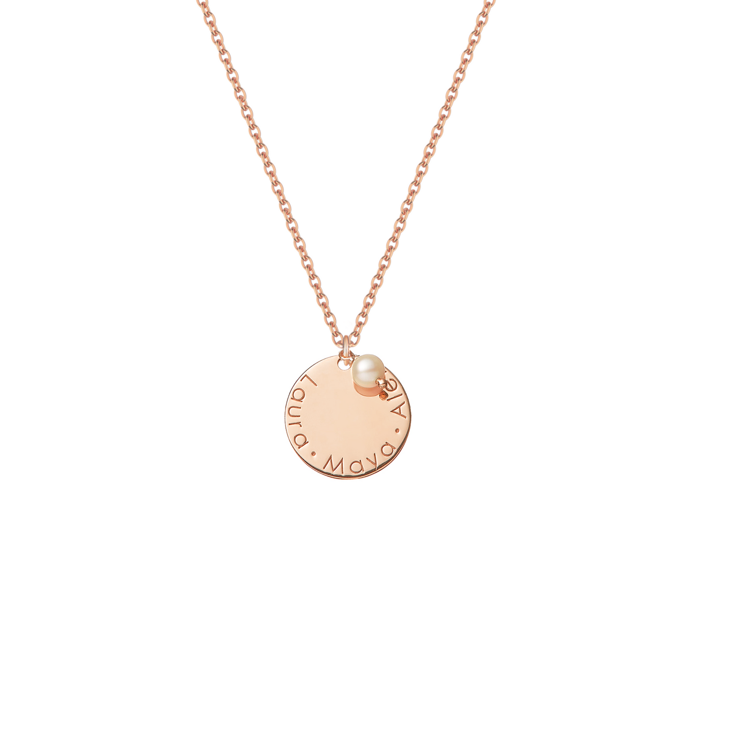 Collana con piastrina rotonda personalizzata e perla in argento placcata in oro rosa 18Kt
