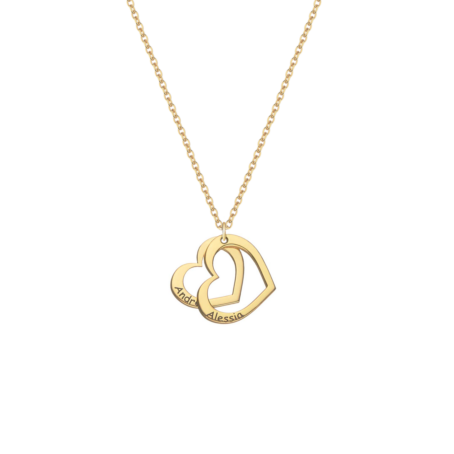 Collana in argento dorato con due piccoli cuori personalizzati con nome