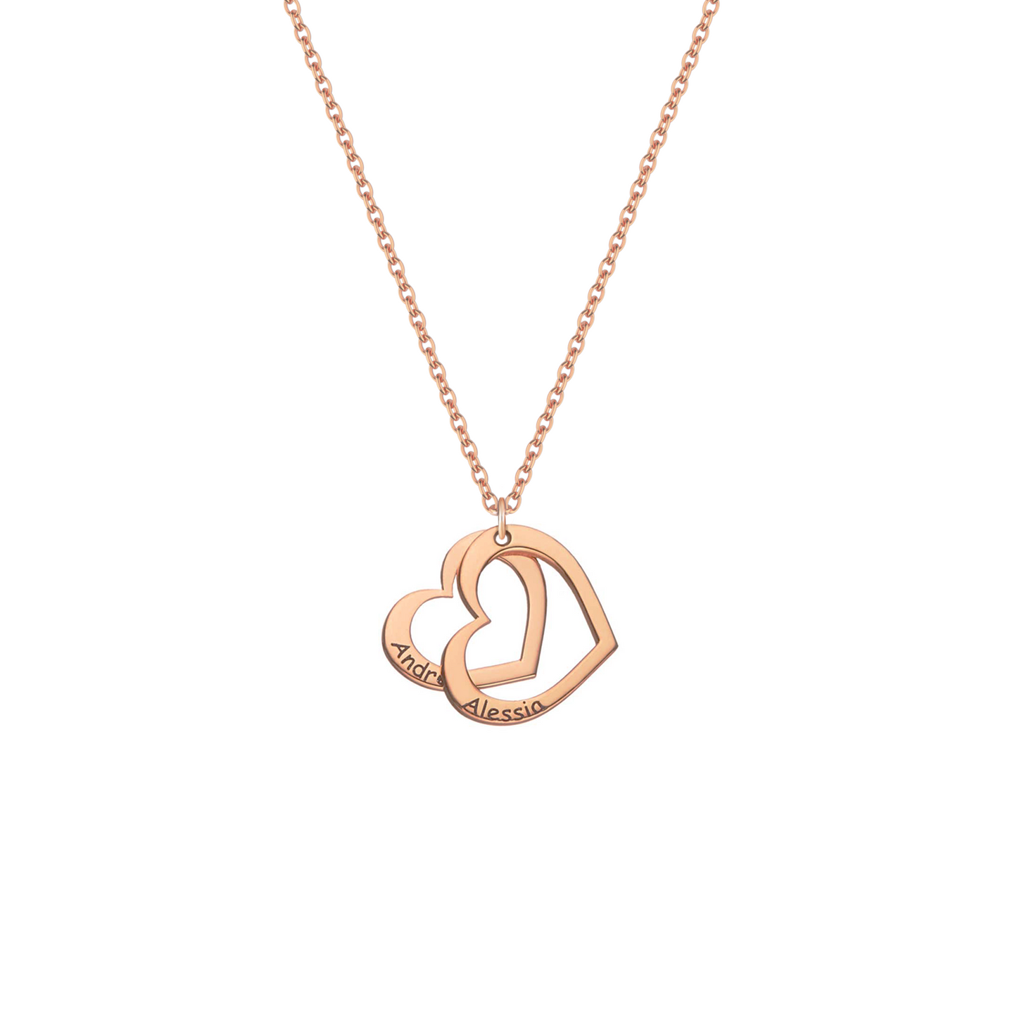 Collana in argento rosato con due piccoli cuori personalizzati con nome