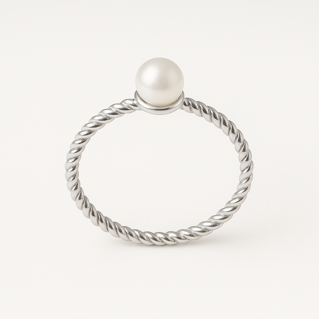 Anello minimal con perla con gambo intrecciato in oro bianco 18kt