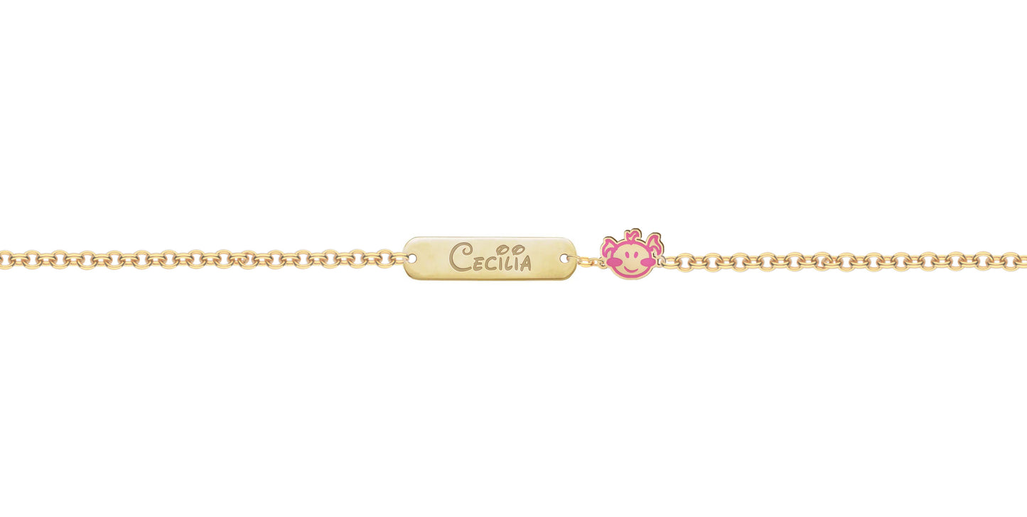 Bracciale Rolò con Piastrina rettangolare sottile e Charm con Faccina bimba smaltata personalizzabile in argento - B51-S