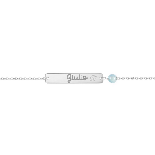 Bracciale per neonato con piastrina e perla in turchese personalizzata in argento 925‰