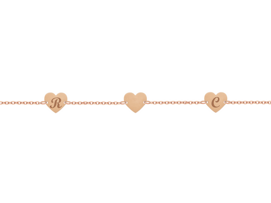 Bracciale con tre piastrine a cuore personalizzate in argento placcata in oro rosa 18Kt