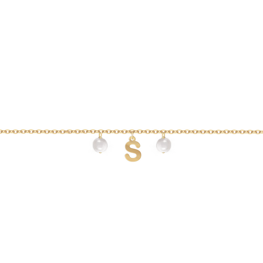 Bracciale con una lettera componibile personalizzabile con perle in argento placcato in oro giallo 18Kt