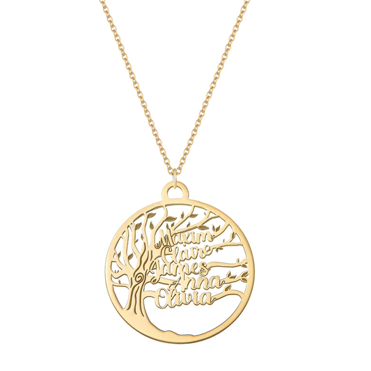 Collana in argento con albero della famiglia con cinque nomi placcata in oro giallo 18 Kt