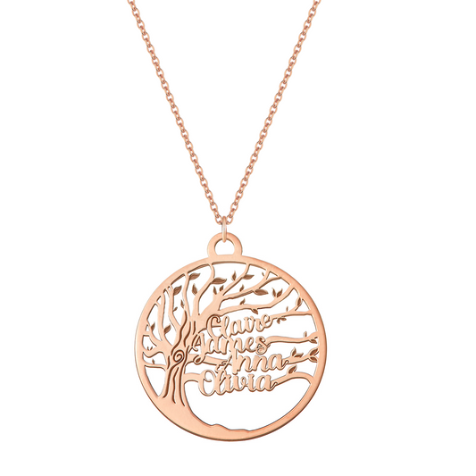Collana con albero della famiglia con quattro nomi in argento placcato in oro rosa 18 Kt