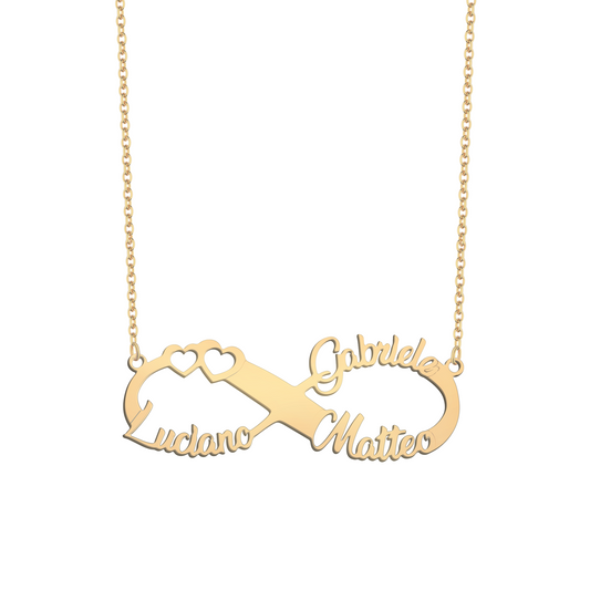 Collana con infinito e tre nomi personalizzabili in argento placcato in oro giallo 18Kt