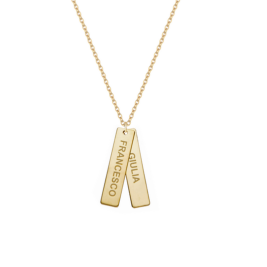 Collana con due piastrine personalizzate rettangolari in argento placcato in oro giallo 18Kt